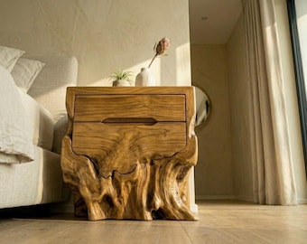 Stolik nocny z żywym brzegiem z korzenia tekowego, organiczny, nowoczesny, ręcznie robiony, drewniany stolik boczny