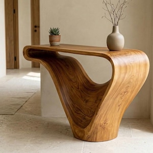 Consolle scultorea in teak intagliata a mano - Mobile d'ingresso moderno in legno organico - Arte minimalista