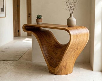 Hand Carved Teak Sculptural Console Table - Modern Organic Wood Entryway Furniture - Minimalist Art