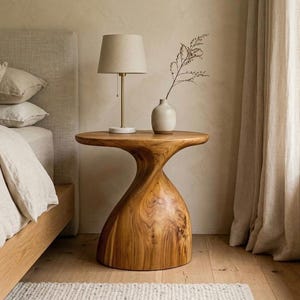 Mesa lateral artesanal em madeira orgânica, mesa de cabeceira escultural com pedestal, mesa de apoio moderna em madeira maciça.