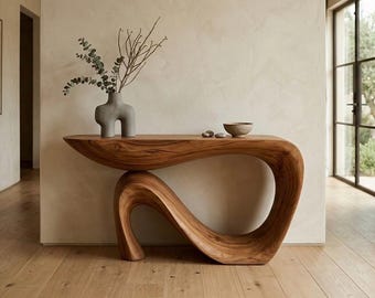 Consolle scultorea in legno massello intagliato a mano, opera d'arte organica e moderna per l'ingresso, mobile artigianale in legno