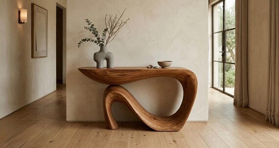 Hand Carved Solid Wood Sculptural Console Table, Organic Modern Entryway Art, Artisan Wood Furniture