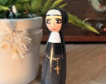 Hand-Painted St. Scholastica Peg Doll – Patron Saint Figure for Sisters, Storm Protection