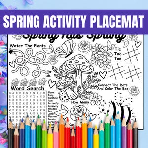 Puede incluir: Un mantel individual de actividades con temática primaveral con varios juegos y actividades para colorear. Incluye una búsqueda de palabras, conectar los puntos, tres en raya y un laberinto. Rodeado de lápices de colores.