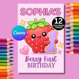 Editable Berry First Birthday Coloring Page, Strawberry Birthday Coloring Book, Berry Sweet Activity Placemat For Kids Digital Download PDF