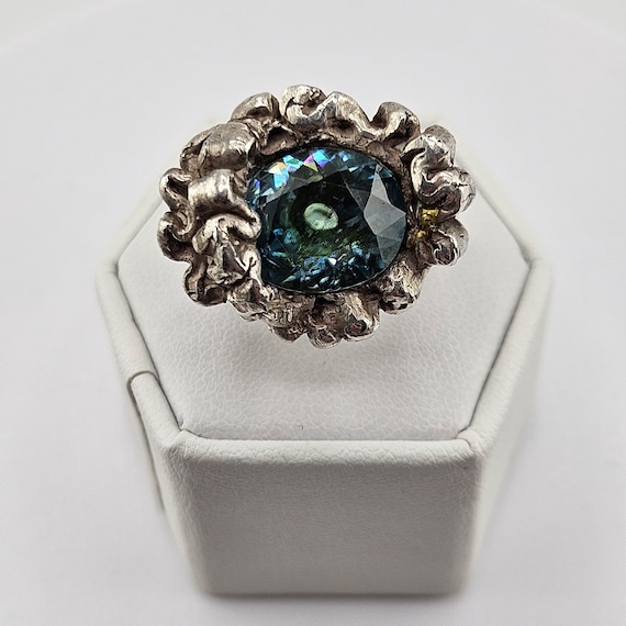 RARE Natural Blue Zircon Vintage Artisan Cast Sterling Silver Ring