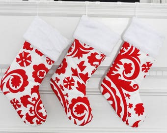 Red Christmas Stocking, Suzani Lipstick, 044, Festive Holiday Decor, Custom Stockings, Personalized Gift, Damask, Embroidered, Monogrammed