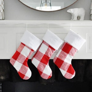 Red Buffalo Check Farmhouse Christmas Stocking, Personalized, Anderson Plaid, Buffalo Plaid, Red Plaid, Cabin Decor, Cabin Christmas no.742