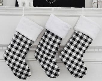 Personalized Plaid Christmas Stocking, Modern Farmhouse,  Black and White Plaid, Personalised Buffalo Check Christmas Stocking, Holiday 631