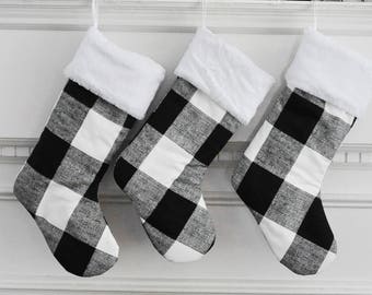 Modern Farmhouse Embroidered Plaid Family Set Holiday Stockings, Monogrammed, Black and White Minimalist