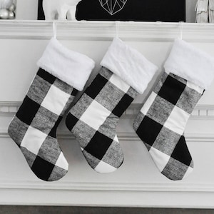 Modern Farmhouse Embroidered Plaid Family Set Holiday Stockings, Monogrammed, Black and White Minimalist