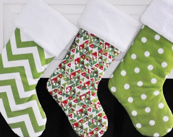 Christmas Sock, Chartruese Green, Chevron Ikat Dot Acute, no.672 no.718 no.023, Holiday Stocking, Festive Holiday Decor, Christmas Stocking