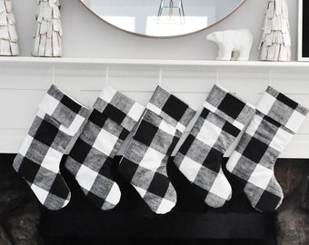 Modern Farmhouse Christmas Decor, Farmhouse Christmas Stocking, Personalized, Black and White Plaid Holiday Decor, Plaid Christmas no.713