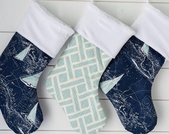 Nautical Christmas Stocking with Personalization, Sailboat Holiday Sock for Ships and Seafarers