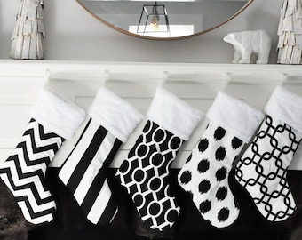 Black Christmas Stocking, Black Holiday Decor, Black and White, Chevron Canopy Stripe Gotcha Sydney Jo Jo Ikat 590 082 no.099 no.389 no.390