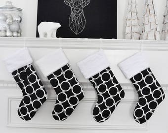 Black and White Christmas Stocking, Modern Christmas Decor, Holiday Stockings, Personalized Gift, Embroidered Stocking, Monogrammed   no.674