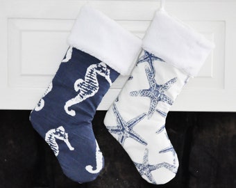 Coastal Christmas Stocking, Beach Decor, Holiday Beach House, Sea Horse, Starfish, Sea Friends, 659 n401, Beach Christmas Decor, Navy Blue