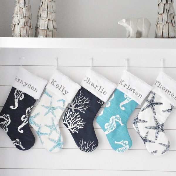 Navy and Turquoise Beachy Stocking, Holiday, Starfish, Seahorse, Coral, Beach House Decor, Beach Holiday, Festive no.659  615 679 622 401