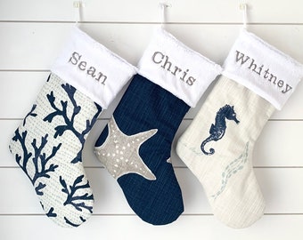 Starfish Christmas Stocking, Coastal Christmas, Seahorse Christmas Stocking Nautical, Navy Holiday Decor, Coral Christmas, no776 764 775 903