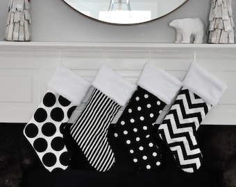 Black and White Christmas Stocking, Personalized, Polka Dot, Chevron, Stripe, Geometric, Black Holiday Decor, no.589 no.082 no.385 no.591