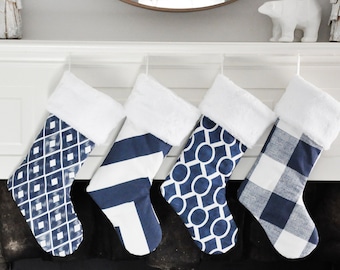 Blue Holiday Stocking, Buffalo Check Christmas Stocking, Blue Christmas, Blue Decor Trillion Chevron Sydney no.740 no.747 no.748 no.749