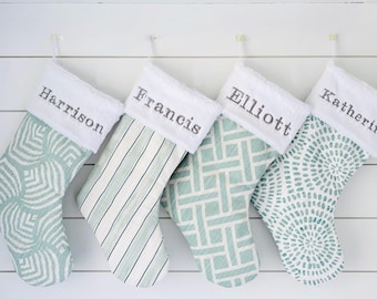 Seafoam Green Christmas Stocking Personalized Embroidered Names Mint Holiday Coastal Beach Decor