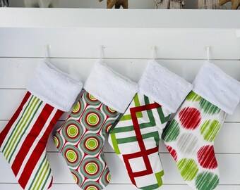 Christmas Stocking, Personalized, Holiday Sock, Red Green, Colorful, Stripes, Dots, Geometric, Handmade, Monogrammed 921 919 818 840