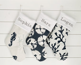 Personalized Navy Beach Bungalow Christmas Stockings Set - Coastal Family Holiday Decor with Starfish