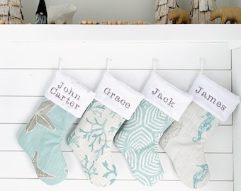 Beach Christmas, Stocking, Ocean Decor, Sea Life, Coral, Starfish, Naples, Shell, Seahorse, Blue Grey, Beach Theme no.766 773 774 904 890