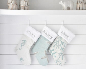 Beach Christmas, Stocking, Blue Haze, Ocean Decor, Sea Life, Coral, Starfish, Shell, Seahorse, Blue Grey, Beach Theme no.766 773 774 904 890