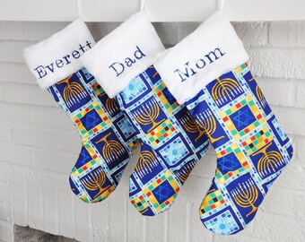 Personalized Hanukkah Gift, Chanukkah Stocking, Personalized Holiday Decor, Judaic, Hanukkah Decor, Royal Menorah Mosaic Stocking no.601