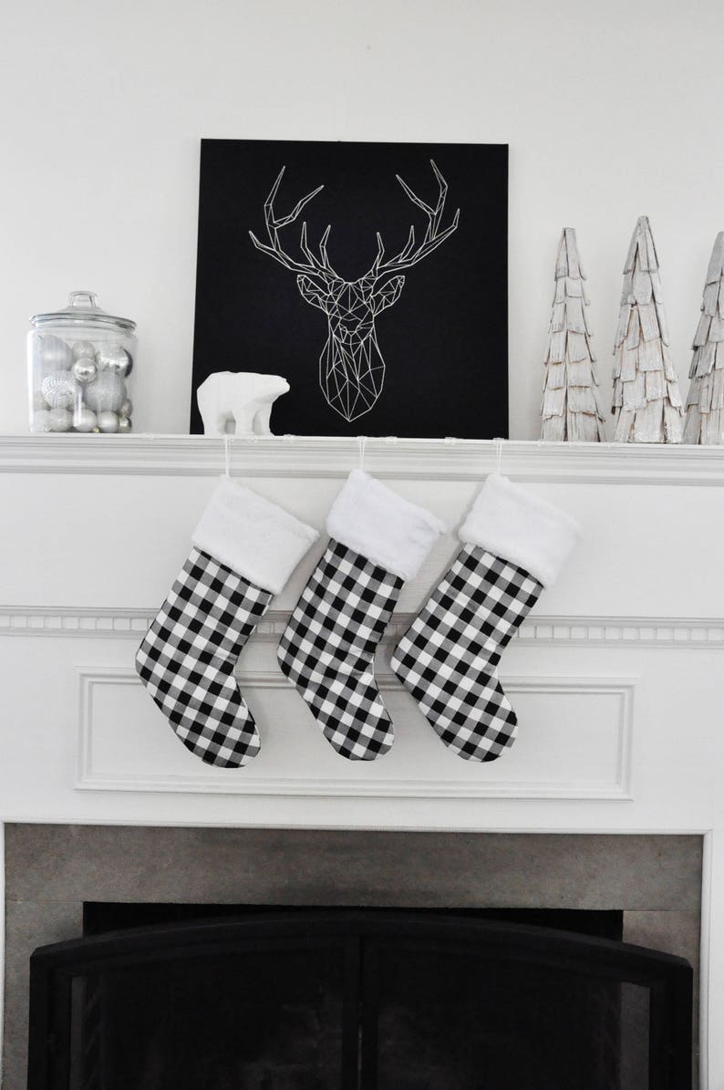 Personalized Plaid Christmas Stocking, Modern Farmhouse, Black and White Plaid, Personalised Buffalo Check Christmas Stocking, Holiday 631 image 1