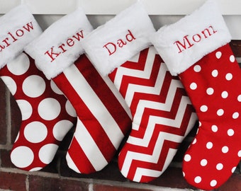 Christmas Stocking, Personalized, Geometric, Family, Polka Dot, Lipstick Red, Dandi Dot, Chevron, Canopy Stripe, no.083 no.045 no.405 no.361