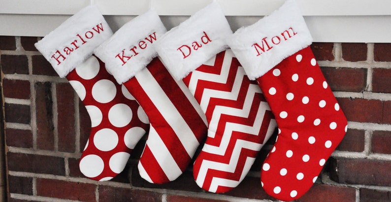 Christmas Stocking, Personalized, Geometric, Family, Polka Dot, Lipstick Red, Dandi Dot, Chevron, Canopy Stripe, no.083 no.045 no.405 no.361 image 1