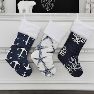 Beach Christmas Stocking, Coastal Christmas Stocking, Nautical Christmas Stocking, Navy Isadella Sea Friends Sailor Fish no.679 no.401 680 image 3