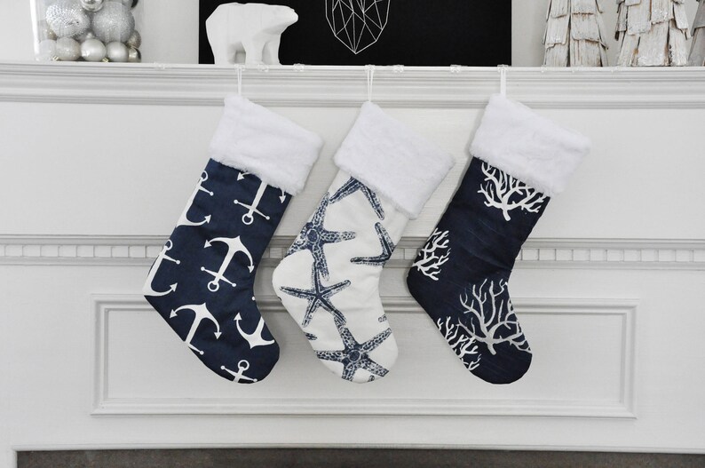 Beach Christmas Stocking, Coastal Christmas Stocking, Nautical Christmas Stocking, Navy Isadella Sea Friends Sailor Fish no.679 no.401 680 image 3