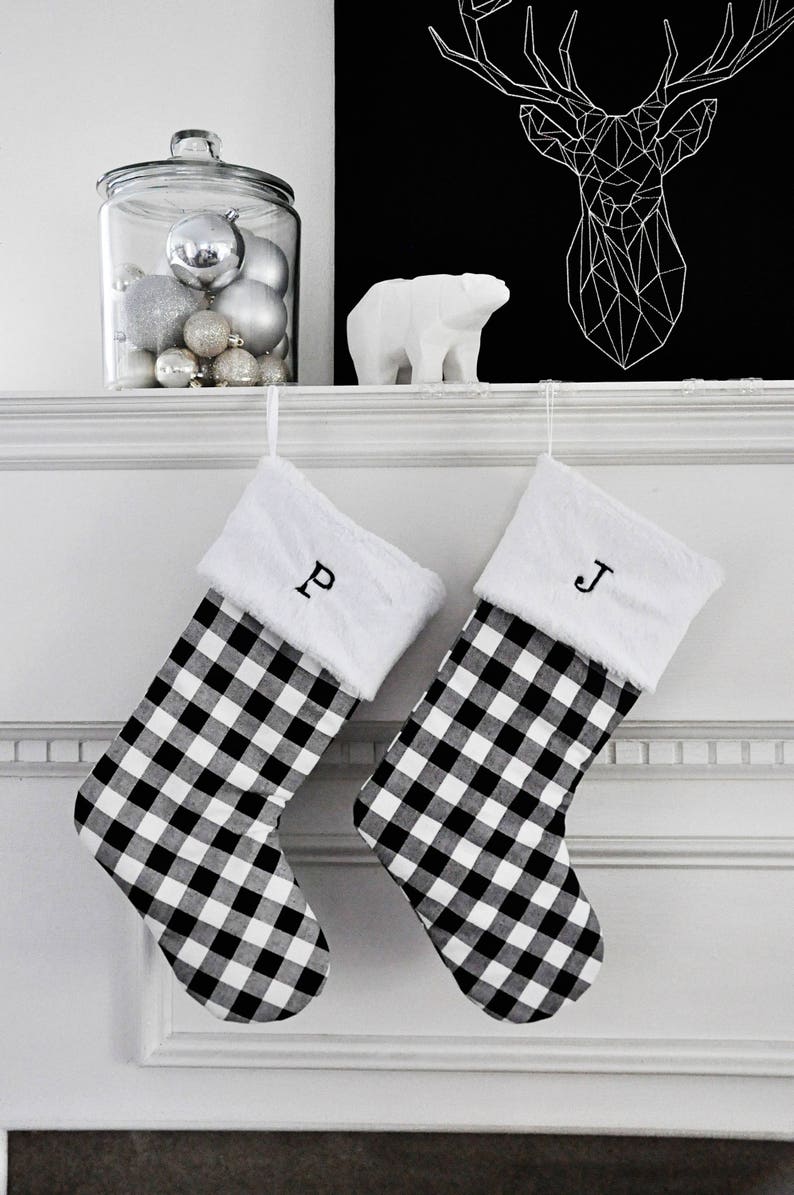 Personalized Plaid Christmas Stocking, Modern Farmhouse, Black and White Plaid, Personalised Buffalo Check Christmas Stocking, Holiday 631 zdjęcie 2