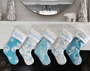 Turquoise Beach, Christmas Stocking, Coastal, Ocean, Sea Friends, Starfish decor, no.615 Seahorse no.622 Lobster no.620 Palm no.745