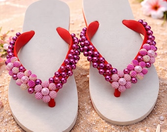 Lucky Thai Perlen Sandalen, Handgefertigte Flip Flops, Boho Strand Schuhe, Floral Sandalen Frauen