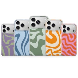 May include: Five smartphone cases arranged in a row, each featuring a distinct wavy, liquid-like pattern in two-tone color combinations including purple and green, light and dark blue, sage green, orange and cream, and pink and orange.