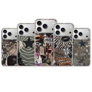 May include: Five clear phone cases arranged in a row, each featuring distinct graphic designs including a black star, a collage of rock and roll imagery, a zebra print with a Harley Davidson logo, and various star patterns on a transparent background.