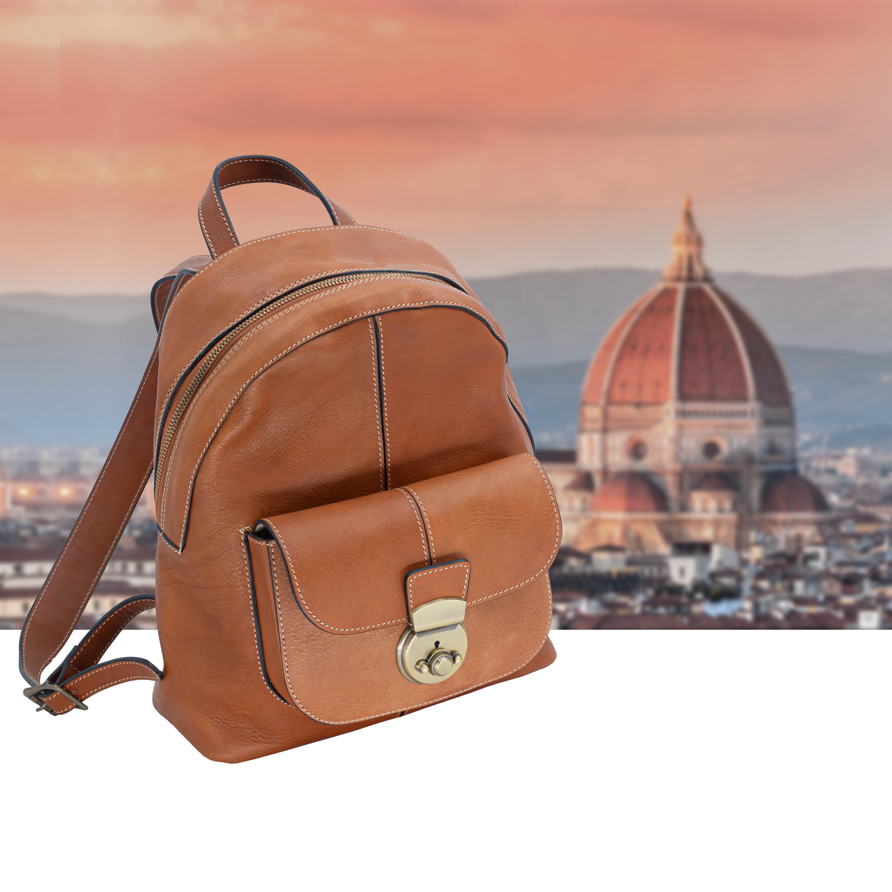 Robe di Firenze Leather Backpack Brown Italy Drawstring Flap Vintage Small I Medici of Florence Italian Leather Front Flap Drawstring  main image 2