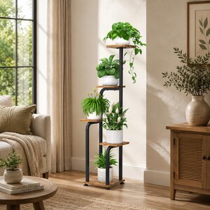 May include: A tall, multi-tiered plant stand featuring a black metal frame with six wooden shelves arranged in a staggered, vertical design. The stand holds various potted green plants, including trailing vines and leafy foliage on each level.