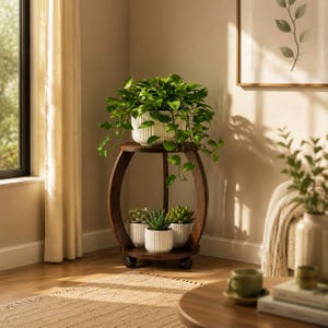 May include: A dark wood plant stand with a circular frame and two tiers on wheels. The top tier holds a large trailing green plant in a white ribbed pot. The bottom tier holds three smaller green succulents in matching white ribbed pots.