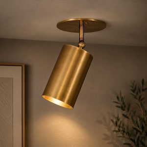 Può includere: Un faretto da soffitto cilindrico con finitura in ottone spazzolato. L'apparecchio è dotato di una piastra di montaggio circolare e di uno snodo regolabile che consente di inclinare la testa della lampada verso il basso, emettendo luce.