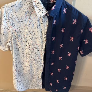 Upcycled Gender Neutral Button Down Short Sleeve Shirt size Adult Small. One of a kind, Christmas in July! Dabbing Santas