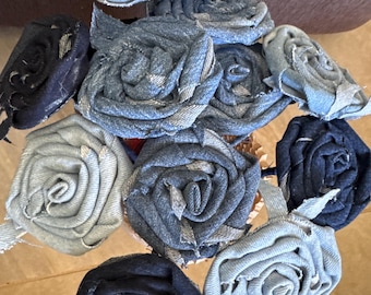 Upcycled 12 Denim Roses Bouquet, Blue Shades, Home Décor Accent, about 10” to 12” long handmade Flowers in different shades