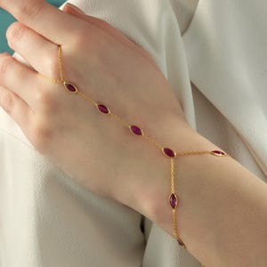 14K Gold Plated Hand Chain Bracelet in 925 Sterling Silver, Boho Finger Bracelet with Marquise Cut Ruby Red Cubic Zirconia