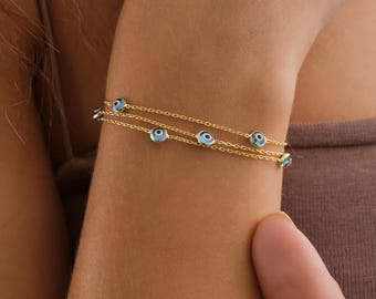 Armband met het boze oog, vergulde armband met 14 karaats gouden nazar-ketting, fijne armband met blauwe kralen, gelaagde armband van 925 sterling zilver, cadeau voor haar