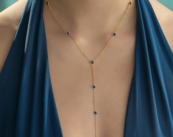 14K Gold Plated Lariat Necklace, Sapphire Y Necklace, Minimalist Layering Necklace, Dainty Drop Necklace, Delicate Birthstone Necklace